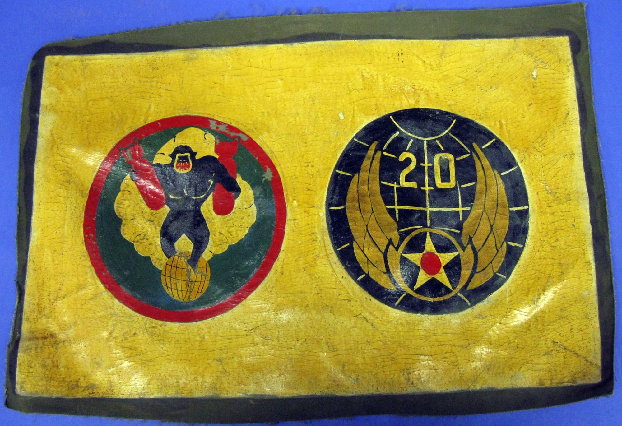 The painted fabric insignia represents the 870th Bombardment Squadron, which was part of the 20th Air Force, XX Bomber Command, 73rd Bomb Wing, 497th Bomb Group. The unit flew B-17s and later B-29s and saw combat in the Western Pacific from Nov. 1, 1944, through Aug. 14, 1945. The unit was disbanded on March 31, 1946. The item belonged to 1st Lt. Robert Harris. (U.S. Air Force photo)