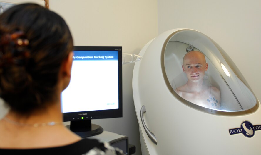 MINOT AIR FORCE BASE, N.D. – Staff Sgt. Eddy Tompkins, 5th Force Support Squadron intramural sports director, sits in the Minot Health and Wellness Center’s Bod Pod at the McAdoo Sports and Fitness Center here May 25. The Bod Pod is a state-of-the-art tool which aides base personnel in tracking and monitoring their fitness improvements. (U.S. Air Force photo by Tech. Sgt. Thomas Dow)