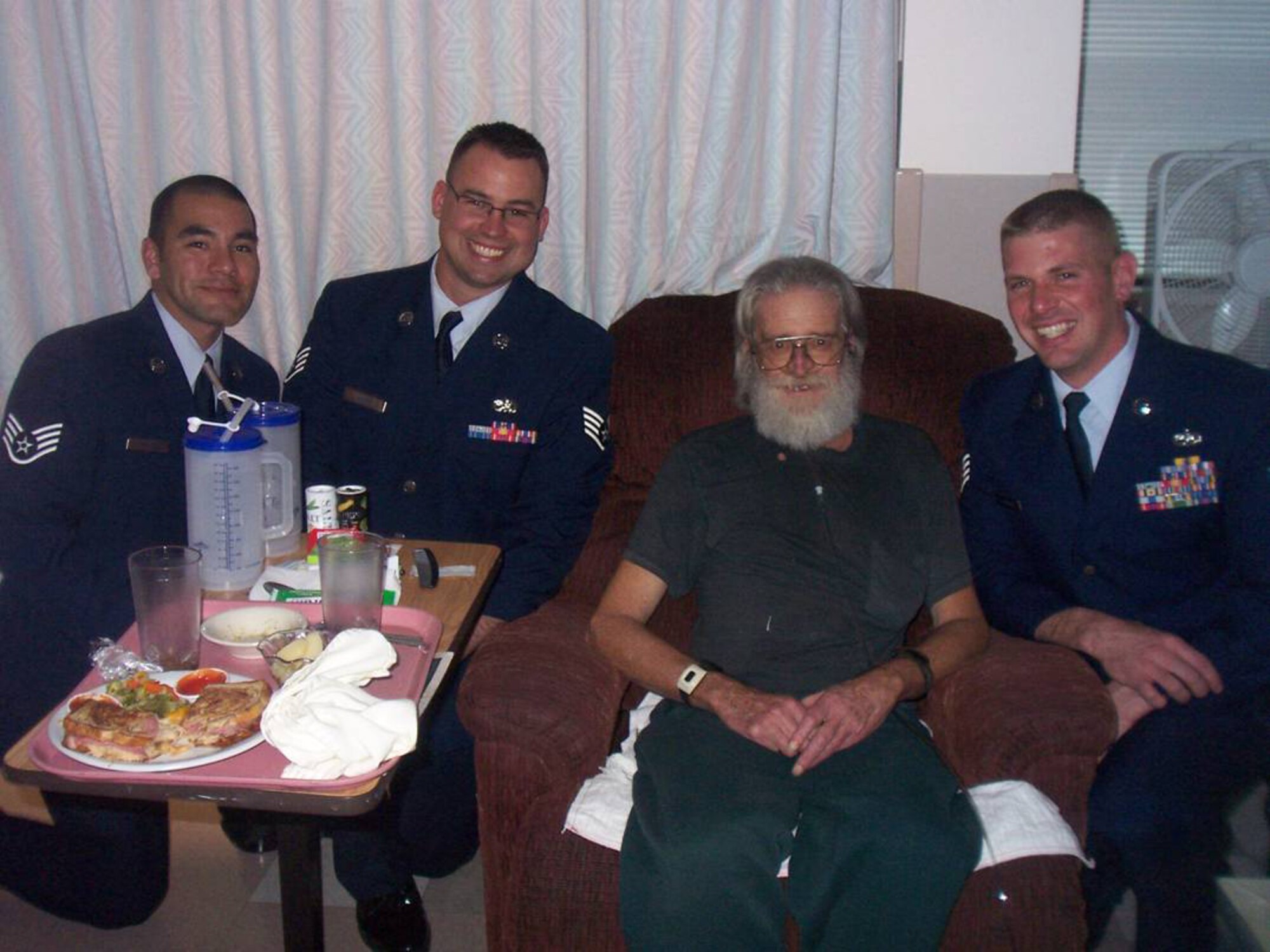Staff Sgt. Recil Miner, Staff Sgt. Miguel Alvarez and Staff Sgt. Jack Kurowski, 76th Space Control Squadron, and other members of Peterson Air Force Sergeants Association Chapter 1181, visit the Colorado State Veterans Home at Walsenburg. The sergeants recently spent the afternoon with the nation’s heroes, learning about the veterans’ experiences, and sharing their own. (Courtesy photo)