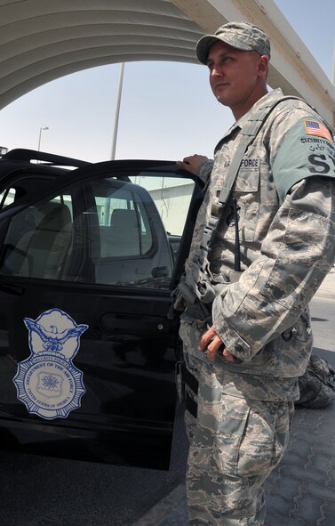 Tech. Sgt. Matthew Hoffman, a security forces craftsman with the 380th Expeditionary Security Forces Squadron, works at his unit during operations for the 380th Air Expeditionary Wing at a non-disclosed base in Southwest Asia on May 29, 2010. Sergeant Hoffman is deployed from the 96th Security Forces Squadron at Eglin Air Force Base, Fla., and his hometown Manitowoc, Wisc. (U.S. Air Force Photo/Master Sgt. Scott T. Sturkol/Released)
