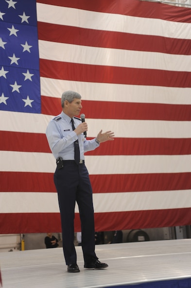 General Norton Schwartz, Air Force Chief of Staff, addresses Airmen from Grand Forks Air Force Base, N.D. during a visit to the base May 20 to 21, 2010.  The general spoke to the Airman about their value as part of the Air Force team and mission and later addressed civic leaders at a summit showcasing the value and future of unmanned aerial systems at the base and in the Red River Valley.