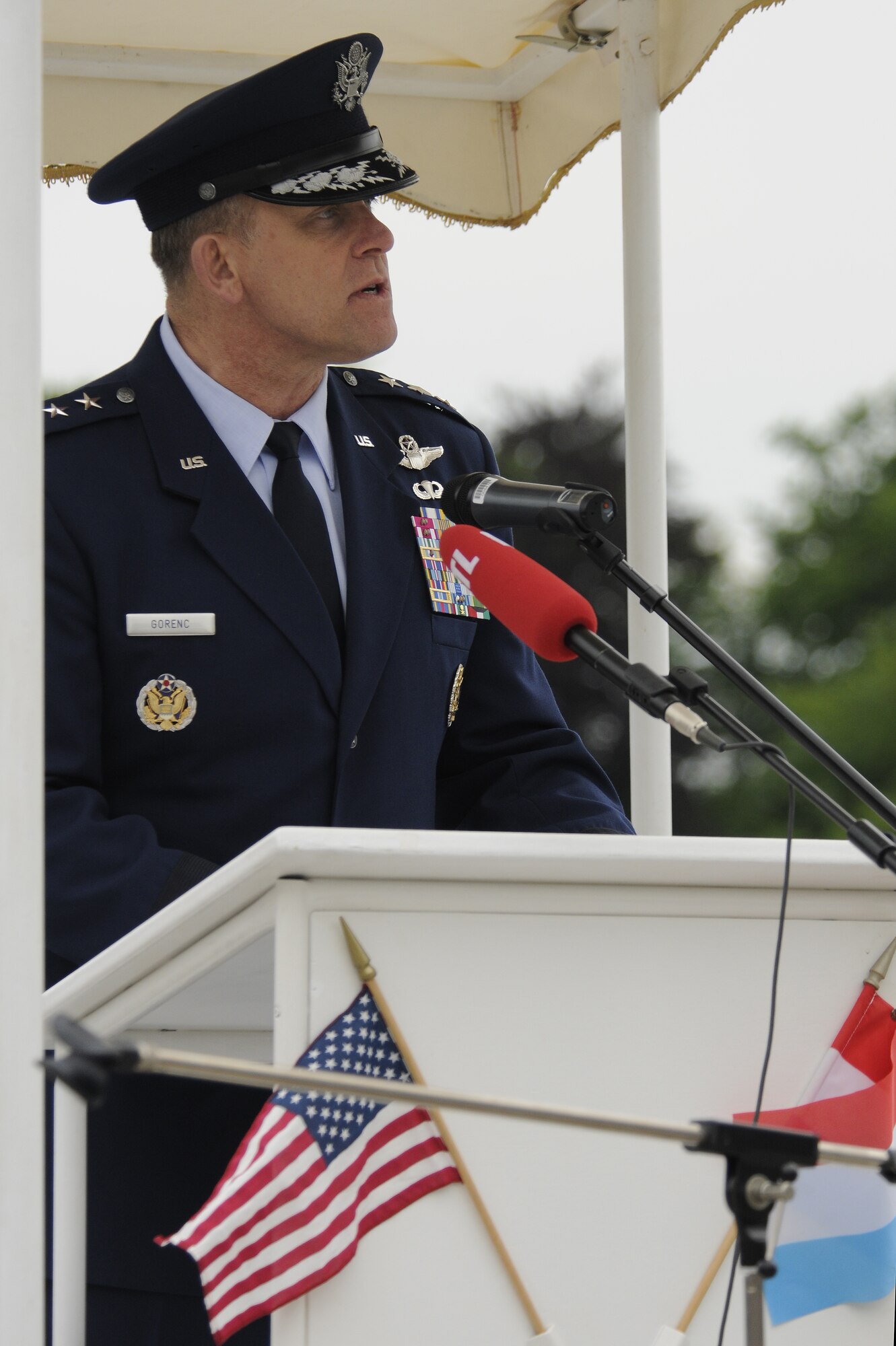 LUXEMBOURG CITY, Luxembourg – Lt. Gen. Frank Gorenc, 3rd Air Force commander, speaks during a Memorial Day ceremony at the Luxembourg American Cemetery and Memorial May 29. The remains of 5,076 American servicemembers from all 50 states and the District of Columbia are interred in the cemetery. (U.S. Air Force photo/Senior Airman Benjamin Wilson)