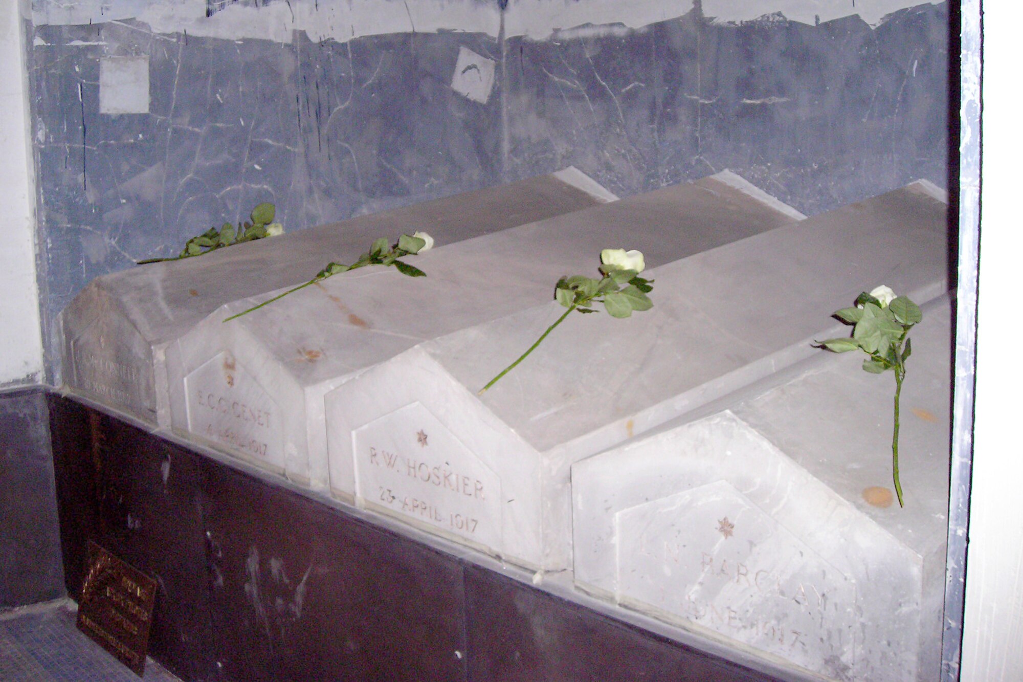PARIS - During a tour of the crypt, attendees of the May 27, 2010, ceremony at the Lafayette Escadrille Memorial outside of Paris were able to see the 70 sarcophagi of the Airmen interned beneath the central arch. U.S. and French civilian and military leaders paid their respects to America's first combat pilots during the event, which also featured an aircraft flyover and ceremonial music. The Lafayette Escadrille Memorial is a reminder for all of the American pilots of the Escadrille La Fayette and the Lafayette Flying Corps who died during service to the Allies during World War I. (U.S. Air Force photo/Capt. Tony Wickman)