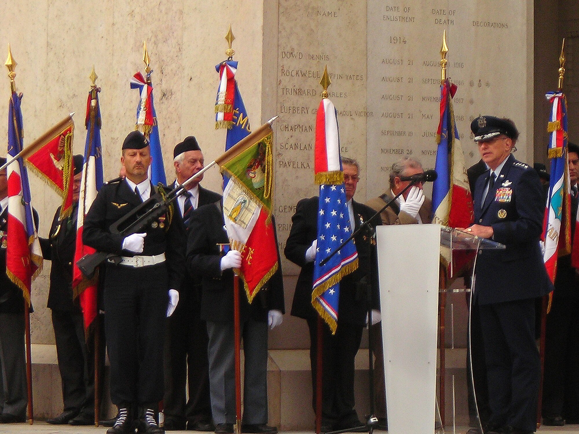 PARIS - Gen. Roger Brady, U.S. Air Forces in Europe commander, gives his remarks during a ceremony at the Lafayette Escadrille Memorial outside of Paris, May 27, 2010. U.S. and French civilian and military leaders paid their respects to America's first combat pilots during the event, which also featured aircraft flyovers and ceremonial music. The Lafayette Escadrille Memorial is a reminder for all of the American pilots of the Escadrille La Fayette and the Lafayette Flying Corps who died during service to the Allies during World War I. (U.S. Air Force photo/Capt. Tony Wickman)