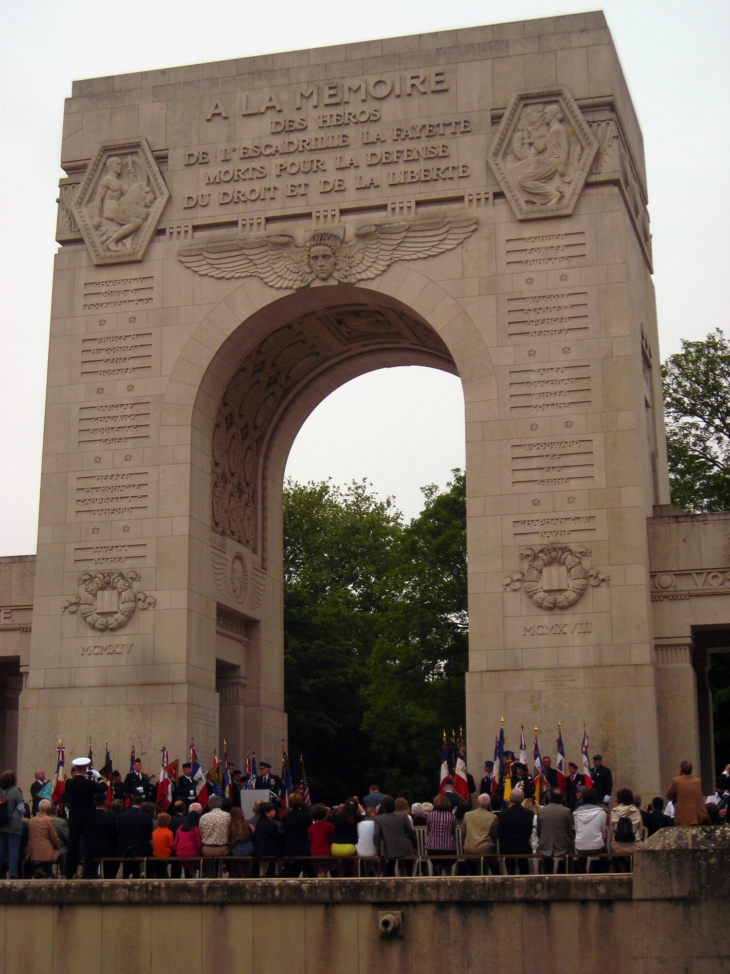 PARIS - Gen. Roger Brady, U.S. Air Forces in Europe commander, gives his remarks during a dignified ceremony at the Lafayette Escadrille Memorial outside of Paris, May 27, 2010. U.S. and French civilian and military leaders paid their respects to America's first combat pilots during the event, which also featured an aircraft flyover and ceremonial music. The Lafayette Escadrille Memorial is a reminder for all of the American pilots of the Escadrille La Fayette and the Lafayette Flying Corps who died during service to the Allies during World War I. (U.S. Air Force photo/Capt. Tony Wickman)