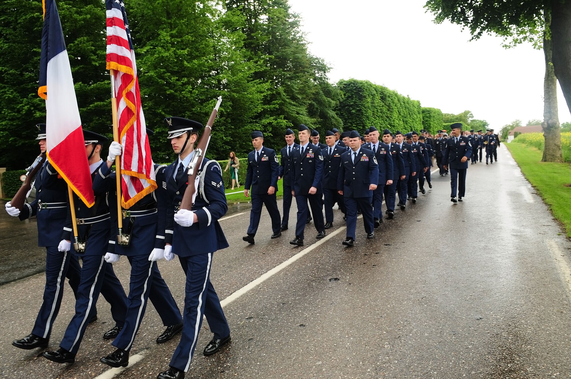 Airmen from Ramstein and Spangdahlem Air Bases, Germany, participate in a Memorial Day ceremony, Thiaucourt, France, May 30, 2010. U.S. Memorial Day, originally called Decoration Day, is a day of remembrance for those who have died in our nation's service. (U.S. Air Force photo by Airman 1st Class Desiree Esposito)
