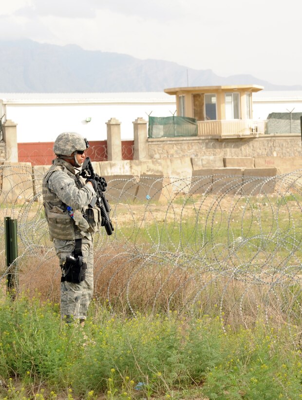 A 455th Expeditionary Security Forces Squadron Airman  provides over watch  during a humanitarian mission at Bagram Airfield, Afghanistan. Airmen of the 455th ESFS were primary defenders during an attack on the airfield May 19, 2010. (U.S. Air Force photo by Staff Sgt. Richard Williams)
