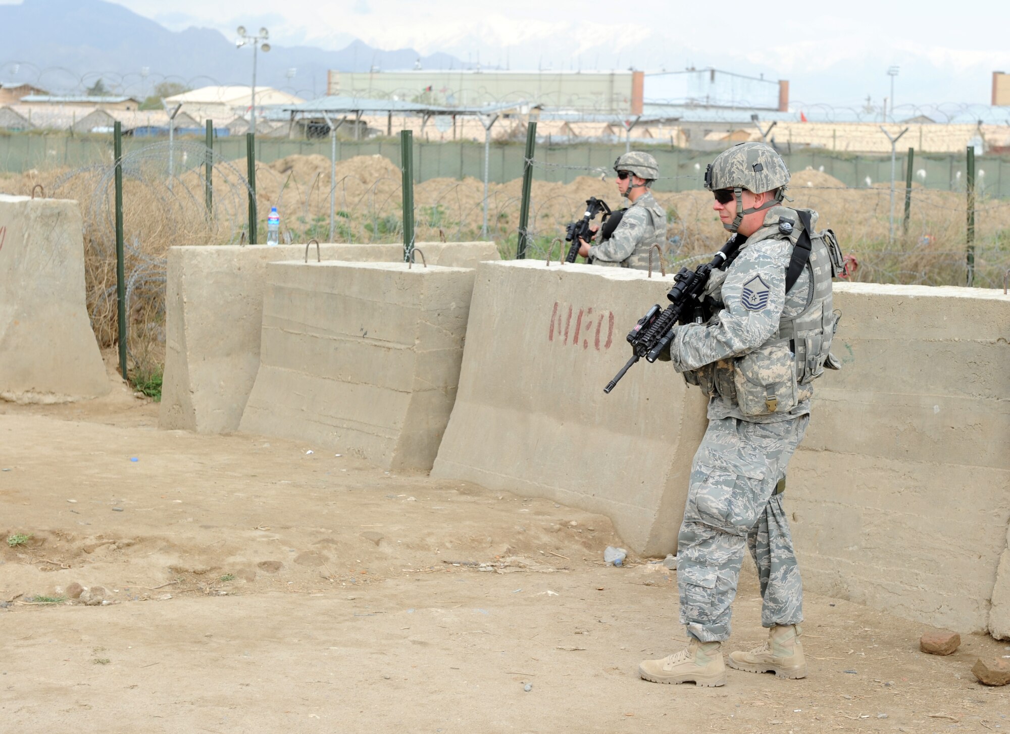 455th Expeditionary Security Forces Squadron Airmen  provides over watch  during a humanitarian mission at Bagram Airfield, Afghanistan. Airmen of the 455th ESFS were primary defenders during an attack on the airfield May 19, 2010. (U.S. Air Force photo by Staff Sgt. Richard Williams)
