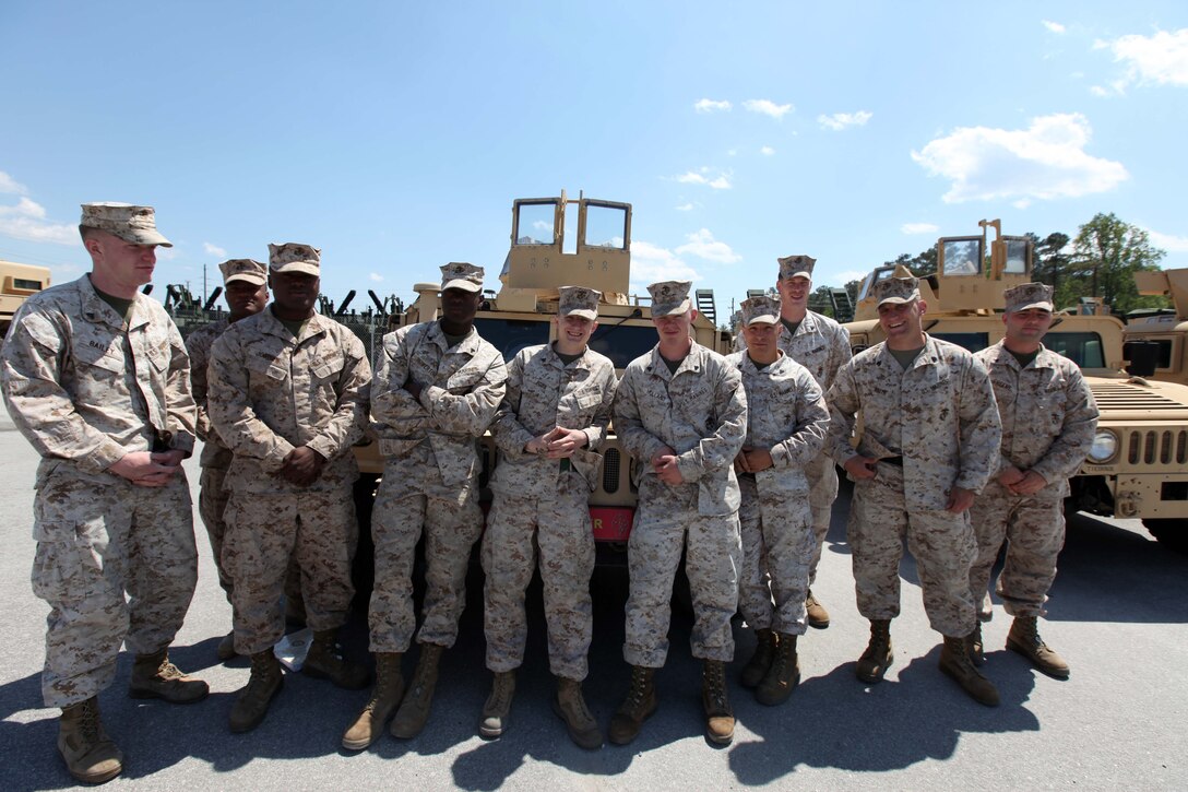 Corporal Tim D. Ross, (center) a motor transportation operator with Training and Operations office, 2nd Marine Division, stands with fellow Marines in his unit aboard Marine Corps Base Camp Lejeune, April 11. Ross a Forest Grove, Ore., native, has deployed to Afghanistan as a motor transport operator and currently trains Marines how to operate various vehicles including the Humvee.