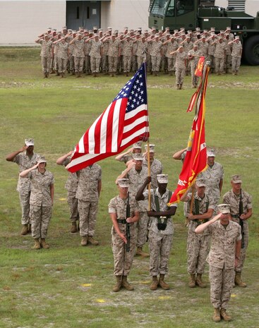Marines with 2nd Maintenance Battalion, Combat Logistics Regiment 25, 2nd Marine Logistics Group, salute the colors during a change of command ceremony in which Lt. Col. David P. Grant, the outgoing commanding officer, relinquished command to Lt. Col. Kevin R. Scott aboard Camp Lejeune, N.C., June 2, 2010. Grant was the commanding officer from June 2008 to June 2010, and Scott was previously the 2nd MLG G-4/assistant chief of staff.