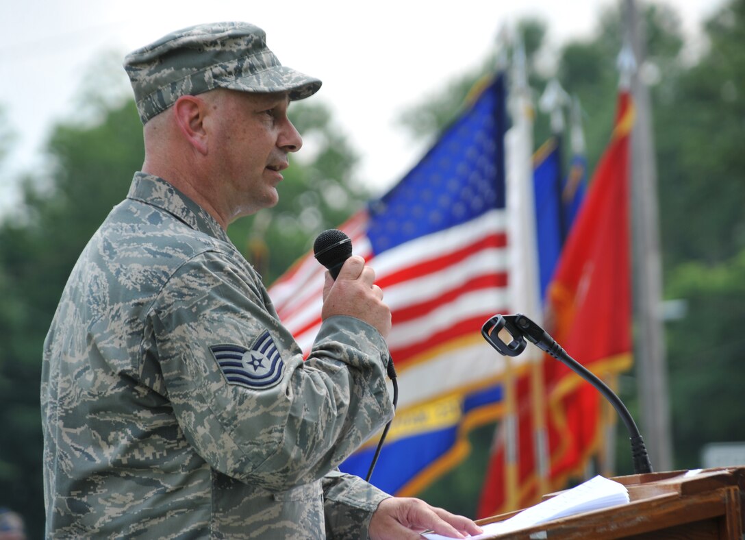 Tech. Sgt. Gerald Sonnenberg was a guest speaker at the Memorial Day ceremony following the main street parade.  He spoke at the end of the route which concluded at the cemetery in Belleville, Ill.  Sergeant Sonnenberg is an Air Force Reserve Command member with the 932nd Airlift Wing from Scott Air Force Base.  (Photo submitted by Tech. Sgt. Chris Parr)