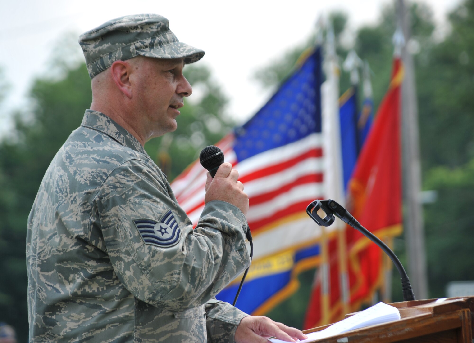 Tech. Sgt. Gerald Sonnenberg was a guest speaker at the Memorial Day ceremony following the main street parade.  He spoke at the end of the route which concluded at the cemetery in Belleville, Ill.  Sergeant Sonnenberg is an Air Force Reserve Command member with the 932nd Airlift Wing from Scott Air Force Base.  (Photo submitted by Tech. Sgt. Chris Parr)