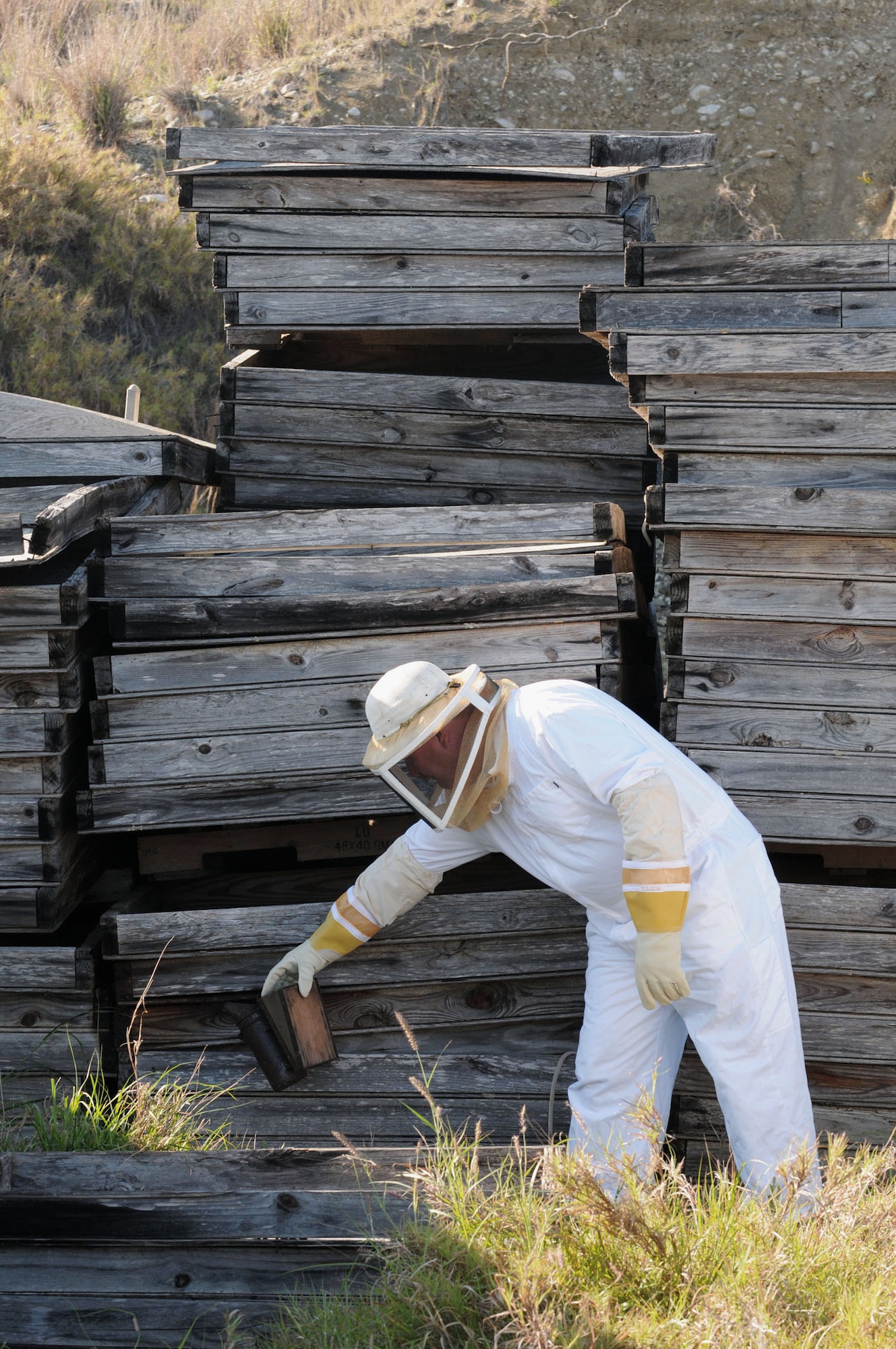 Tech. Sgt. Rodney Buntyn calms a beehive with smoke as he prepares to move wooden frames from a work site April 2, 2010, at Guantanamo Bay, Cuba. The 474th Expeditionary Civil Engineer Squadron supports Joint Task Force Guantanamo by maintaining the Expeditionary Legal Complex and Camp Justice facilities and infrastructure power production craftsman with the Mississippi Air National Guard's 186th Civil Engineering Squadron, deployed to Joint Task Force Guantanamo with the 474th Expeditionary Civil Engineering Squadron,.(U.S. Navy photo/ Petty Officer 3rd Class Joshua Nistas)