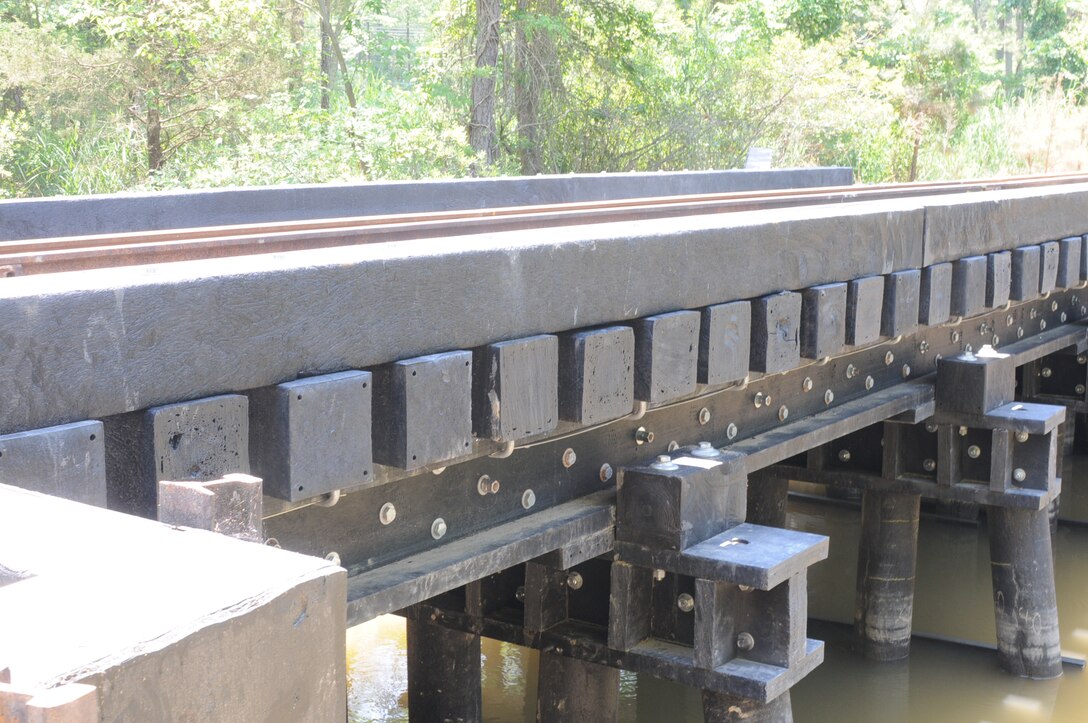 FORT EUSTIS, Va. -- The Recycled Structural Composite Bridge #3 was completed this month at Fort Eustis. The bridge is part of the vast railroad network on Fort Eustis used to train Transportation Reserve Soldiers. (U.S. Air Force photo/Tetaun Moffett)
