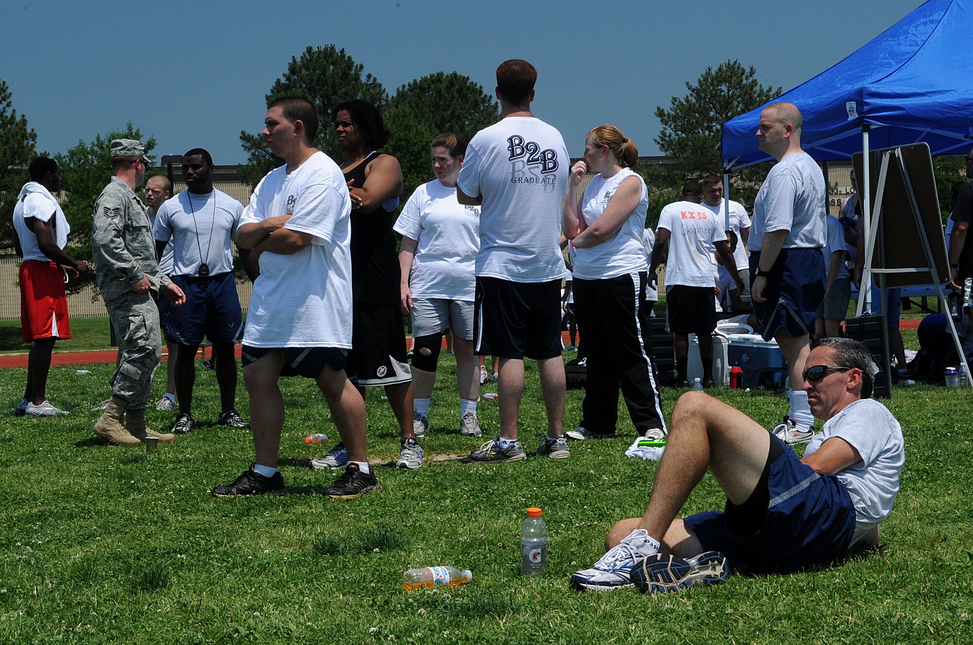 LANGLEY AIR FORCE BASE, Va. -- Members from various organizations on base participate in the Squadron Fitness Challenge May 27. Eighteen teams participated in the annual event wrapping up May fitness month, hosted by the 633d Force Support Squadron and Prism Sports to promote a healthy, active lifestyle.  (U.S. Air Force Photo/Staff Sgt. Christina M. Styer)      