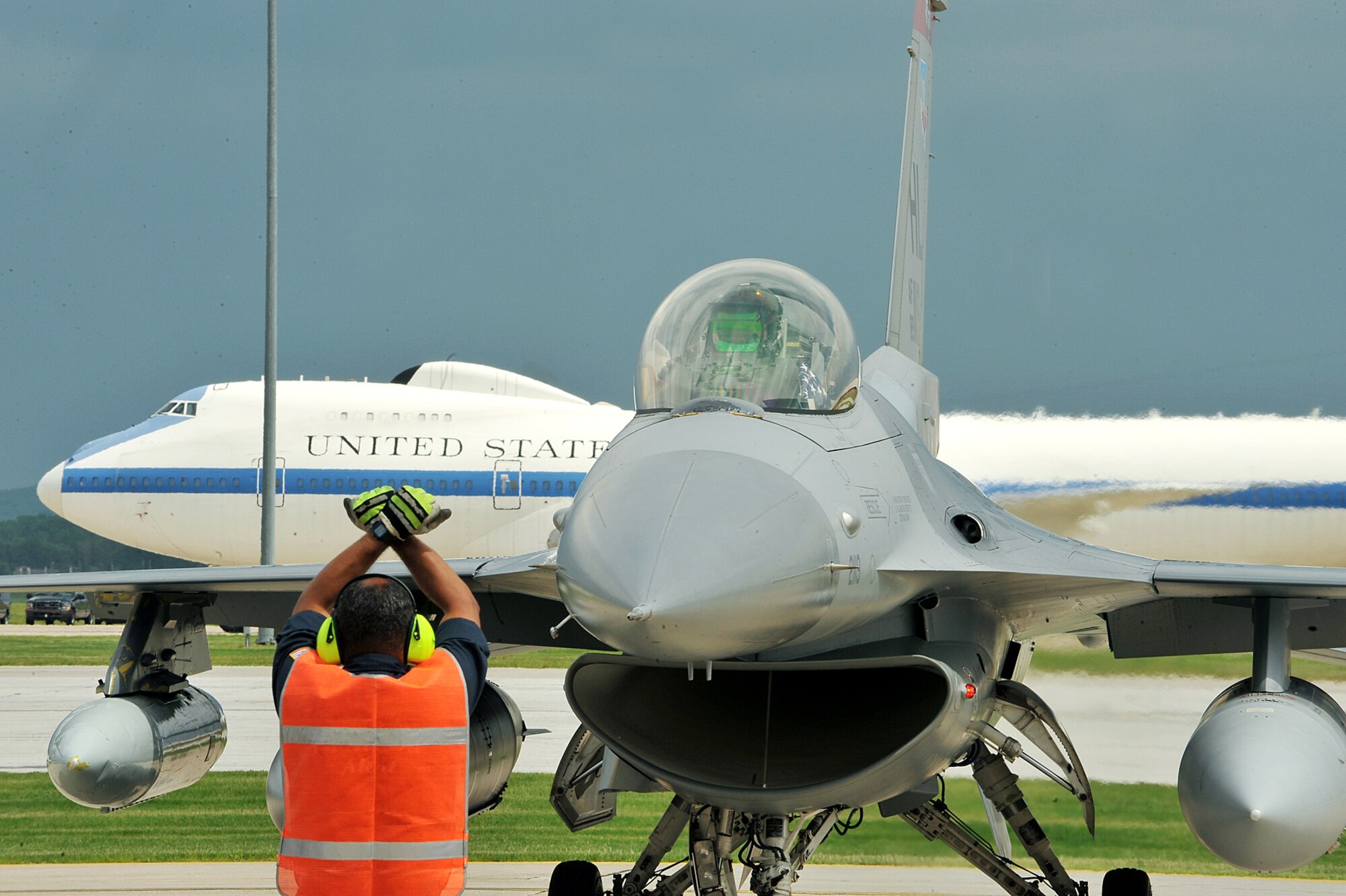 OFFUTT AIR FORCE BASE, Neb. -- Lt. Col. Bradley Frazier, 388th Fighter Wing from Hill AFB, Utah, parks his F-16 on a ramp adjacent to the flight line here May 26. Colonel Frazier recently returned from a deployment to Afghanistan and stopped at Offutt to rest before traveling to Hill AFB. U.S. Air Force Photo by Charles Haymond