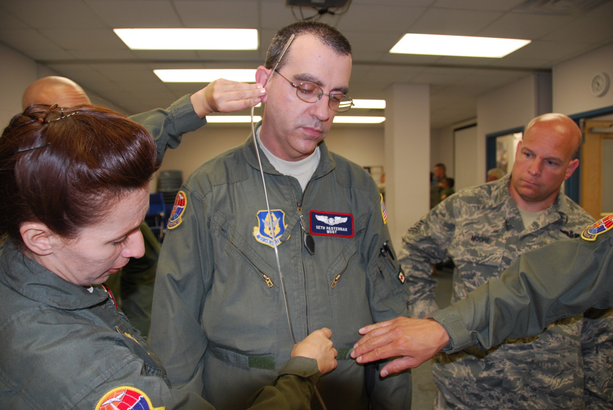 JOINT BASE MCGUIRE-DIX-LAKEHURST, N.J. - Master Sgt. Seth Pasternak, a Reserve medical technician, receives nasogastric intubation instruction as part of the 514th Aeromedical Evacuation Squadron's annual block training requirements. Nearly 100 Air Force Reserve nurses and medical technicians spend four days reviewing life saving techniques and brushing up on their basic and critical care skills in addition to their hands-on aircraft medical set-up and wartime ancillary training. (U.S. Air Force photo/Master Sgt. Donna T. Jeffries)