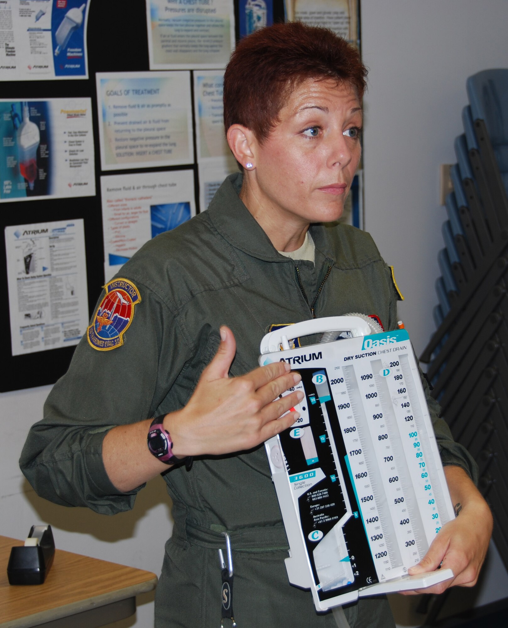 JOINT BASE MCGUIRE-DIX-LAKEHURST, N.J. - Master Sgt. Taryn Caposso, a Reserve medical technician, gives instruction on chest tube insertion as part of the 514th Aeromedical Evacuation Squadron's annual block training requirements. Nearly 100 Air Force Reserve nurses and medical technicians spend four days reviewing life saving techniques and brushing up on their basic and critical care skills in addition to their hands-on aircraft medical set-up and wartime ancillary training. (U.S. Air Force photo/Master Sgt. Donna T. Jeffries)