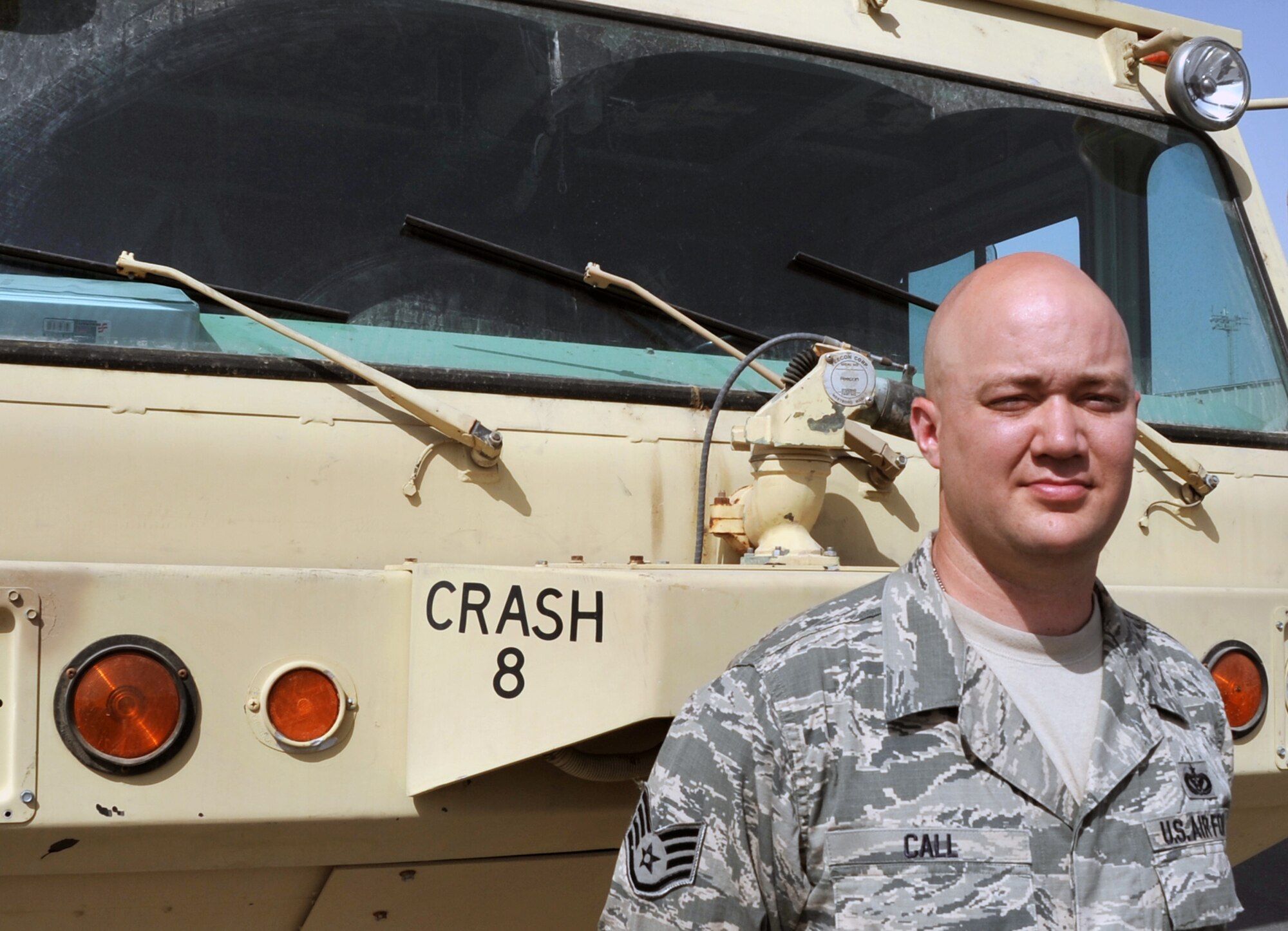 Staff Sgt. David Call is a fire protection craftsman with the 380th Expeditionary Civil Engineer Squadron's Fire Department at a non-disclosed base in Southwest Asia. As an emergency responder, Sergeant Call and his fellow firefighters are responsible for protecting billions of dollars of Air Force assets and personnel of the 380th Air Expeditionary Wing from fire. He is deployed from the 62nd Civil Engineer Squadron at Joint Base Lewis-McChord, Wash., and his hometown is Brookport, Ill. (U.S. Air Force Photo/Master Sgt. Scott T. Sturkol/Released)