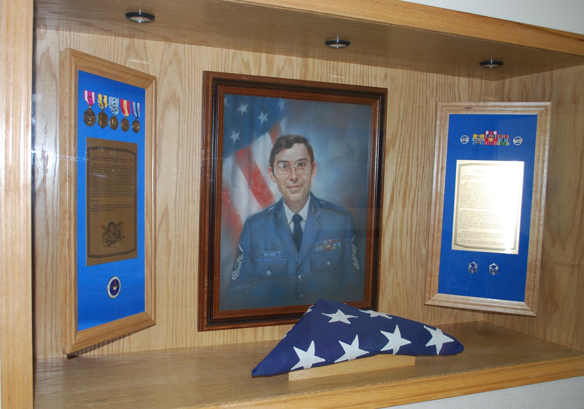 The 366th Training Squadron’s main building, Williams Hall, is dedicated to former Senior Master Sgt. William E. Williams, site development and construction inspector instructor and career development course writer.  Sergeant Williams contributed significantly to the development of the 3770th Technical Training Group’s, the previous name of the 366th TRS, training mission before he passed away in 1982.  Williams Hall is the training building for the 366th TRS Operations Management, Electrical Power Production and Systems and Heating, Ventilating and Air Conditioning school houses.  (U.S. Air Force Photo/Tech. Sgt. Vernon Cunningham)