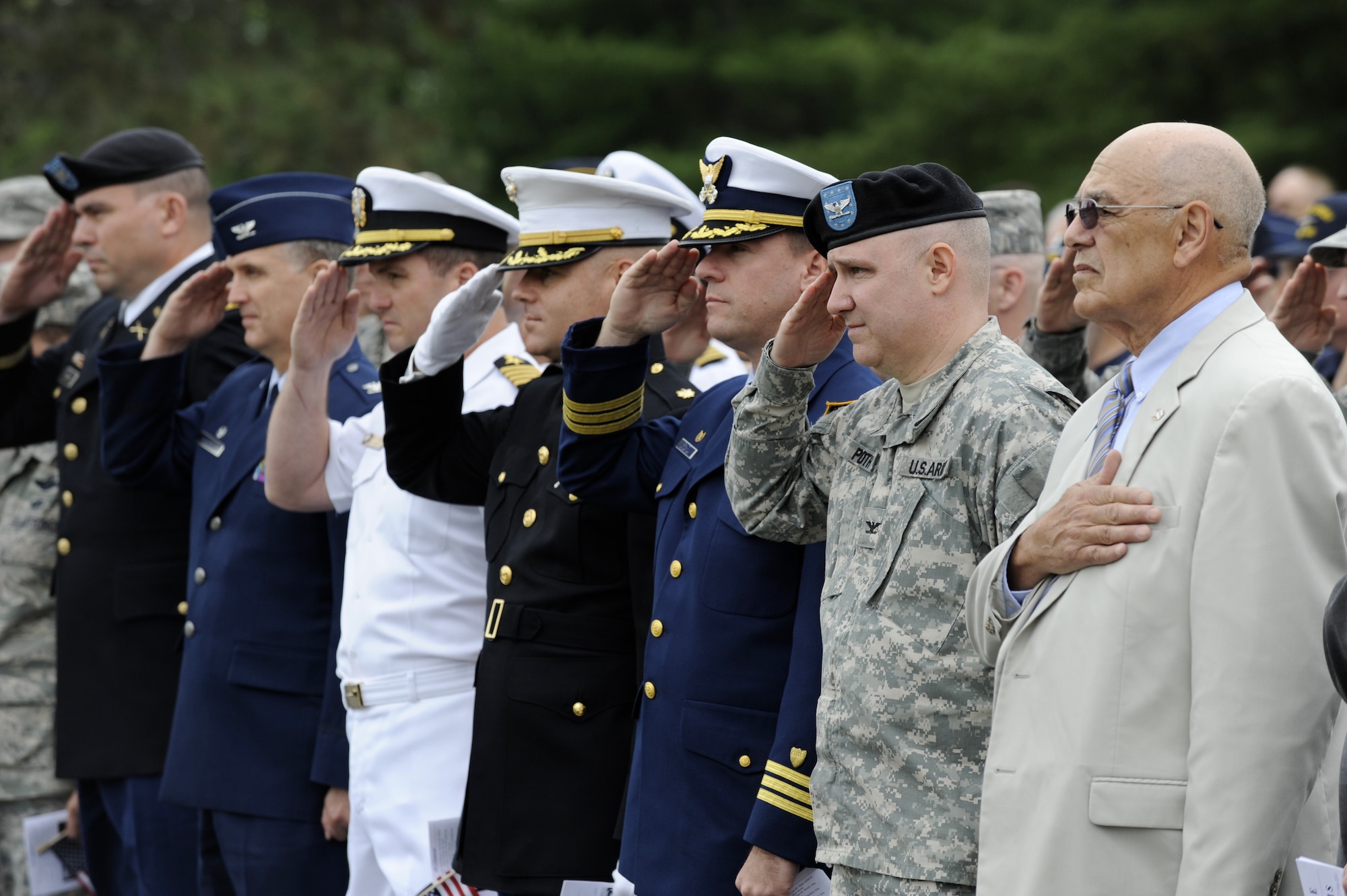 Military personnel from Joint Base McGuire-Dix-Lakehurst participate in the 2010 Parade of Wreaths Ceremony at Pudgy Circle May 27. The ceremony involved members from all branches of the military and from state and local police agencies. (U.S. Air Force photo/Carlos Cintron)