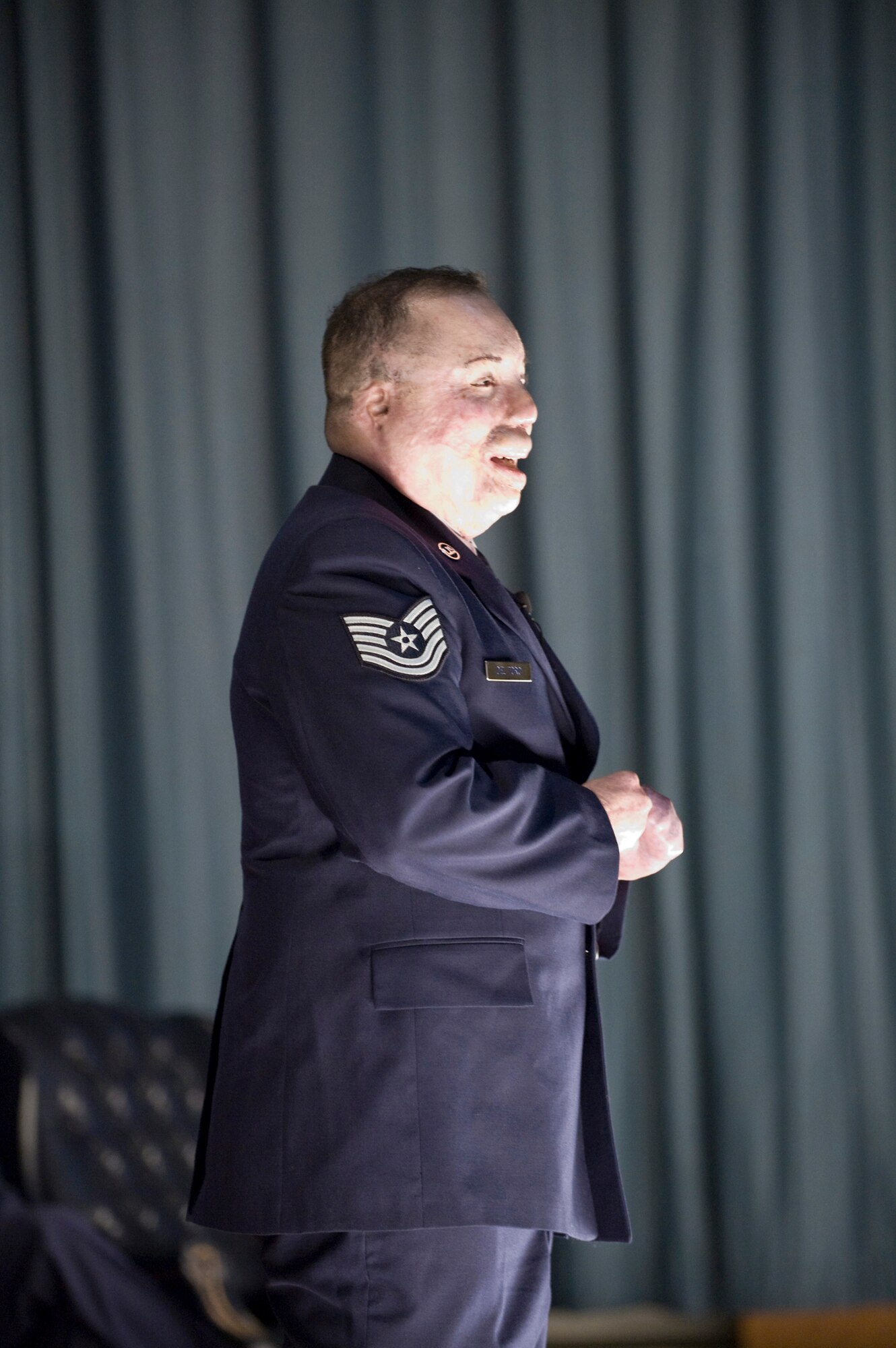 Tech. Sgt. Israel Del Toro, an Air Force wounded warrior, visits Keesler May 10 to speak to six different gatherings of students and permanent party members.  (Courtesy photo)
