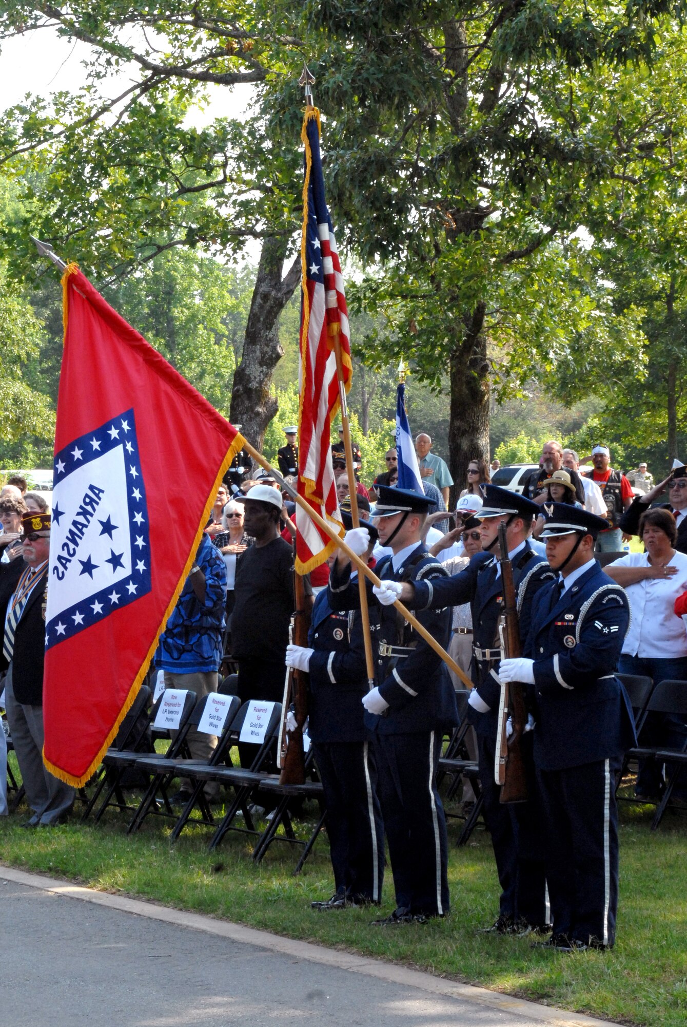 The Little Rock Air Force Base Honor Guard presented the colors during a Memorial Day ceremony May 31 at the Arkansas State Veterans Cemetery, in North Little Rock. The keynote speaker was Arkansas Gov. Mike Beebe, and Col. Greg Otey, 19th Airlift Wing commander, represented Little Rock AFB. (U.S. Air Force photo by Capt. Joe Knable)