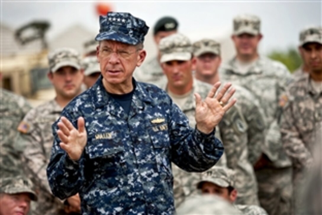 Navy Adm. Mike Mullen, chairman of the Joint Chiefs of Staff, addresses soldiers assigned to Fort Bragg, N.C., June 2, 2010.