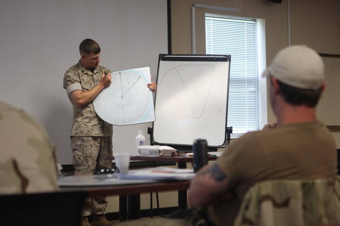 Sgt. Brandon Lebrun, combat instructor with the Advanced Infantry Training Battalion, Camp Geiger, demonstrates how to plot target points on a mortar plotting board to Navy SEALs from the Joint Expeditionary Base Little Creek – Fort Story, Va., recently. The SEALs attended the Infantry Mortars Leader Course for a four-day crash-course period in an effort to familiarize themselves with the mortar system and its functions, enabling them to be that much more combat-ready.