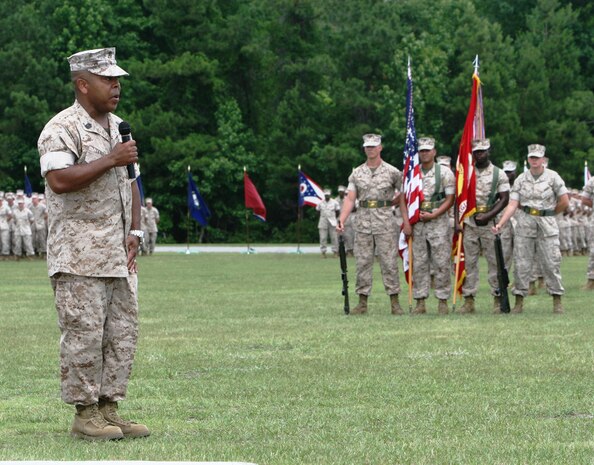Sgt. Maj. Adam C. Terry, former sergeant major for Combat Logistics Regiment 25, 2nd Marine Logistics Group, speaks during his retirement ceremony aboard Camp Lejeune, N.C., June 3, 2010.  Terry retired after 30 years of service in the Marine Corps.