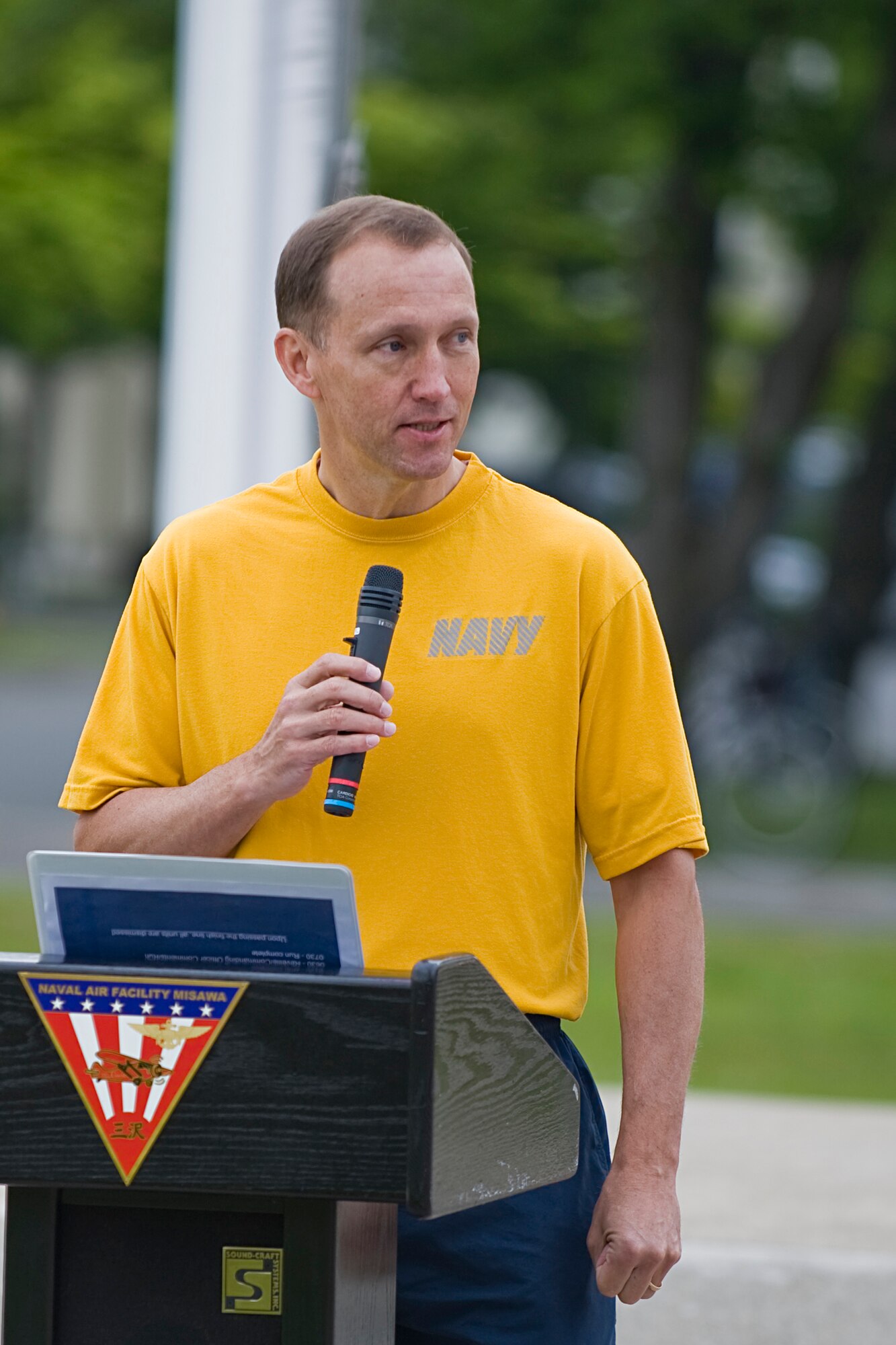 MISAWA AIR BASE, Japan -- Navy Capt. James Haugen, Naval Air Facility Misawa commanding officer, gives remarks before a readiness run June 4 at Risner Circle. Captain Haugen spoke about the importance of readiness runs and the privilege it was for NAF to host the base's first run of the year. (U.S. Air Force photo/Senior Airman Jamal D. Sutter)