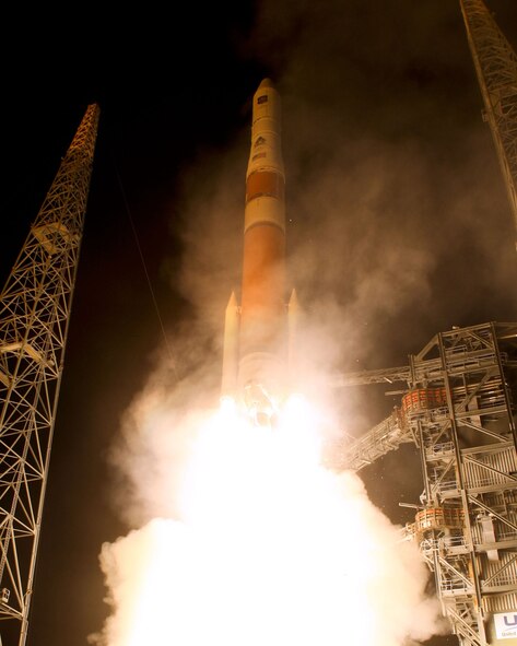 A Delta IV Rocket lifts off from Pad 37B at Cape Canaveral Air Force Station, Fla., May 2010, carrying the newest addition to the GPS constellation. GPS IIF-1 will be the first of a new block of GPS satellites to be launched. Air Force research and technology has helped bring GPS capabilities to civilian consumers. (USAF Photo by Pat Corkery, ULA) 
