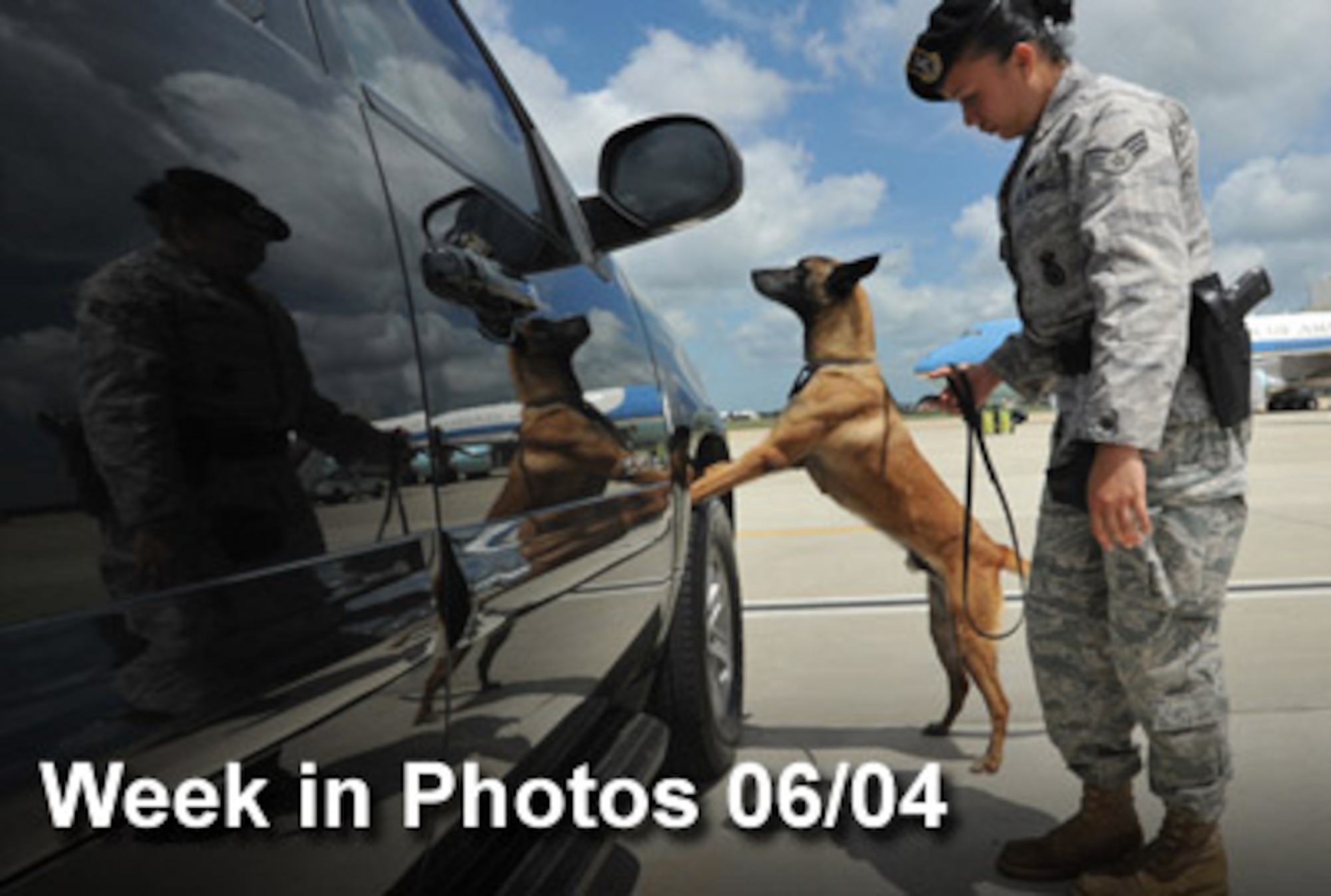 Air Force Week in Photos for June 4, 2010, highlights photos from around the Air Force. In this photo by Bobby Jones, Senior Airman Salema Panama and her military working dog partner "J Jackson" run through a security vehicle sweep before a presidential mission at Joint Base Andrews, Md., June 1, 2010. (U.S. Air Force photo illustration)