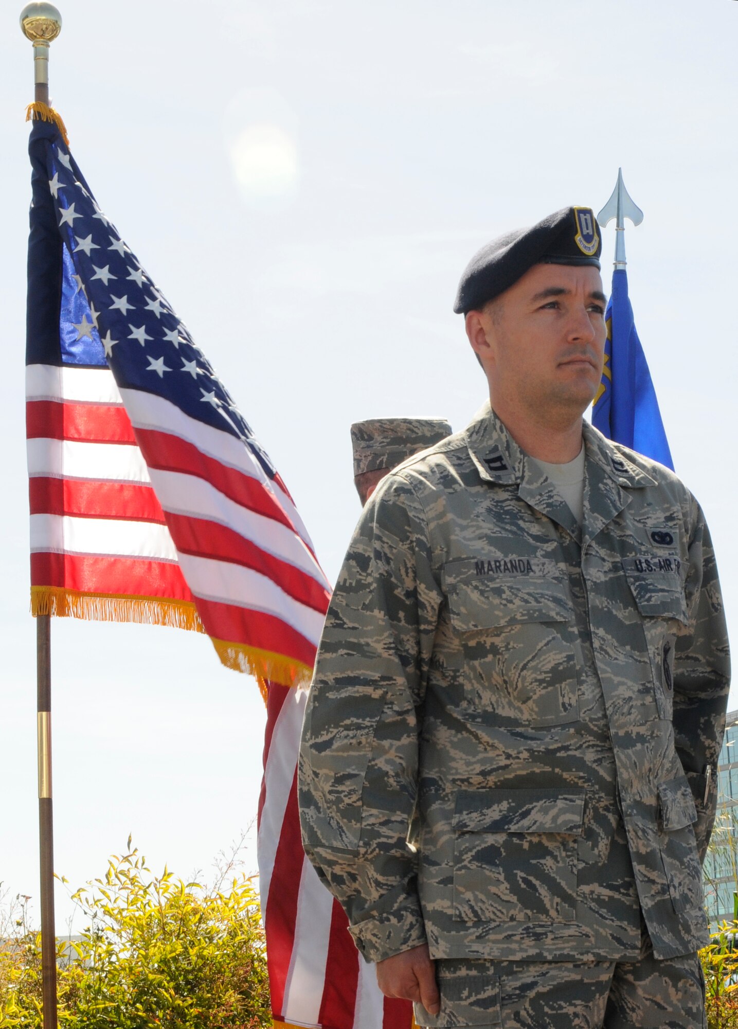 Capt. Thomas Maranda, the former 129th Security Forces Squadron operations officer, is assuming command of the 129th SFS from Col. Charles Ingalls, the 129th Mission Support Group commander May 1, 2010 at Moffett Federal Airfield, Calif. Colonel Ingalls temporarily held command of Security Forces while Captain Maranda was at technical training to become the SFS commander. (Air National Guard photo by Staff Sgt. Kim Ramirez)