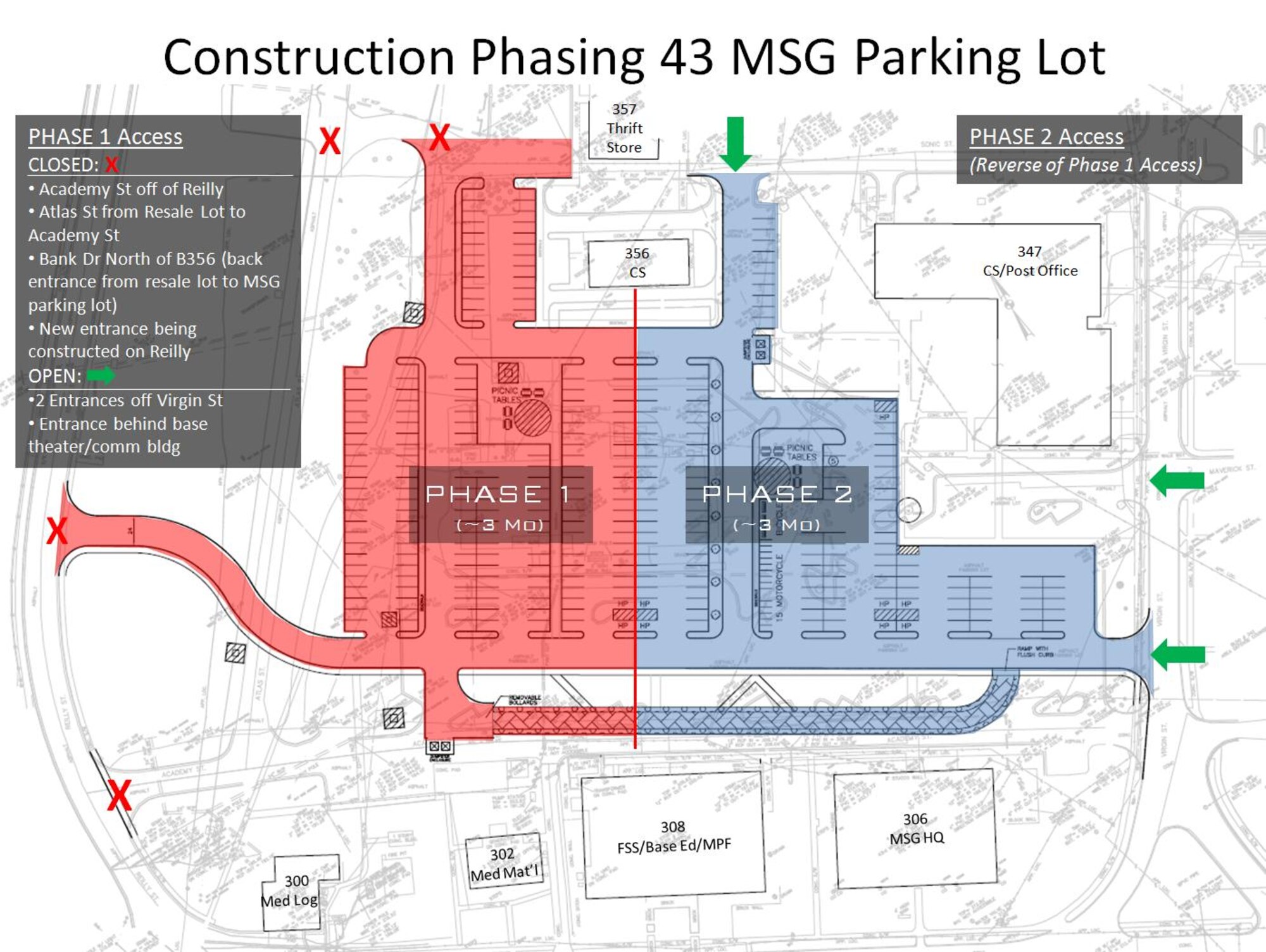 Construction on Pope’s 43rd Mission Support Group parking lot is scheduled from June 14 through November.  (U.S. Air Force Illustration/1st Lt. Matthew Bow)