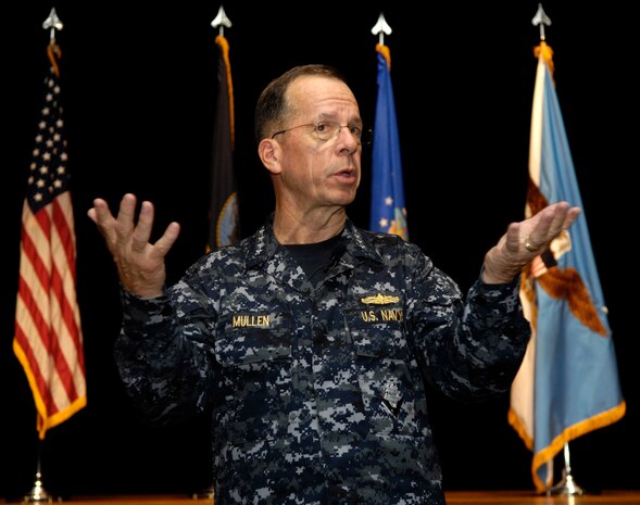 U.S. Navy Adm. Mike Mullen speaks to Airmen at Joint Base Charleston, S.C., June 3, 2010. During his visit Admiral Mullen answered questions and spoke to officers and enlisted Airmen about the military concerns and issues that they had. Questions asked ranged from concerns with manning to fast food being removed from deployed locations. Admiral Mullen is the Chairman of the Joint Chiefs of Staff. (U.S. Air Force Photo/Airman 1st Class Lauren Main)
