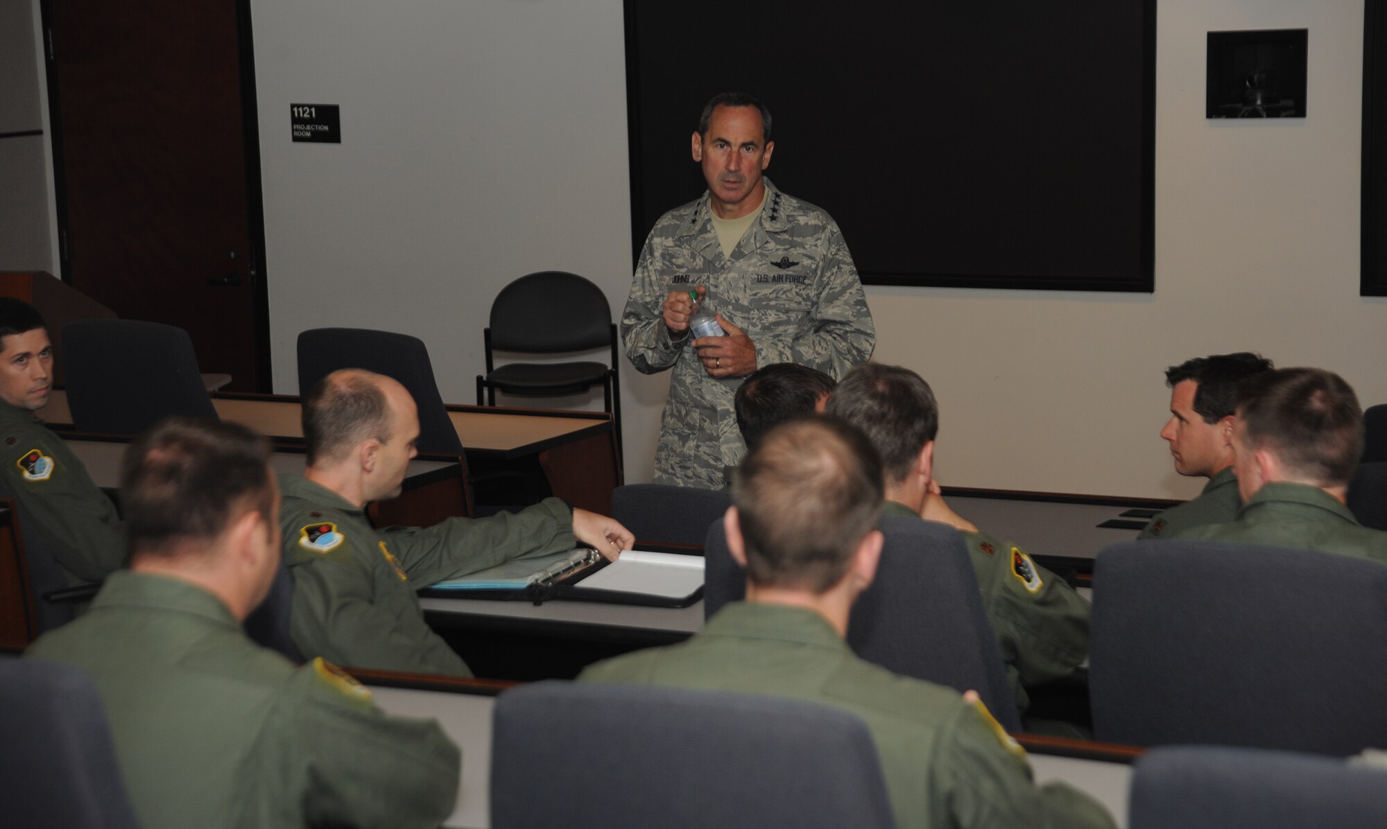 Gen. Raymond Johns, Air Mobility Command commander, addresses students from the Mobility Operations School's Advanced Study of Air Mobility program June 1 at the U.S. Air Force Expeditionary Center. The General addressed the role of the Air Force across warfighting domains as well as interacting with students on their graduate research. ASAM is a 13 month Intermediate Developmental Education and graduate program delivered by the EC. (Photo by Staff Sgt. Zachary Wilson)
