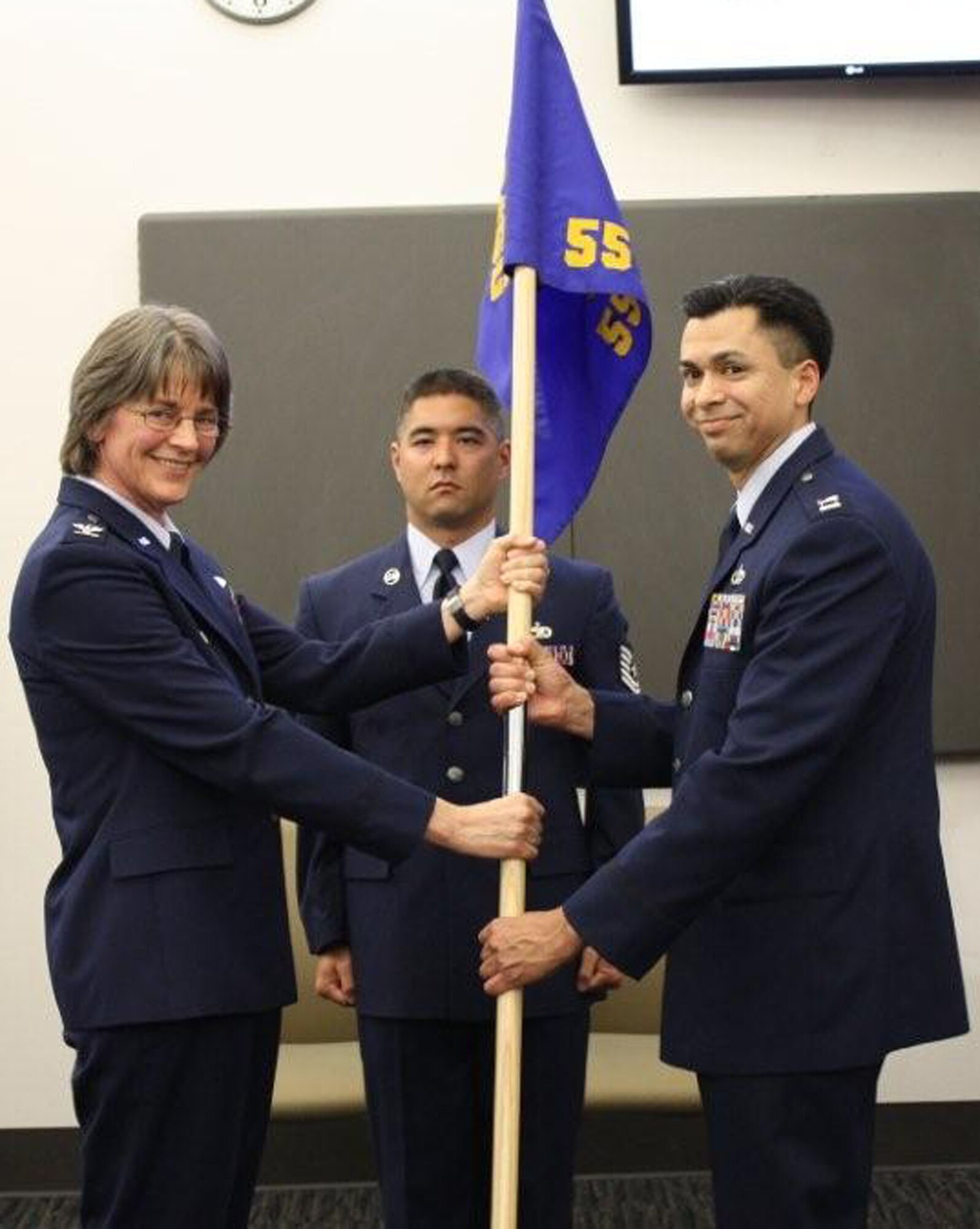 TRAVIS AIR FORCE BASE, Calif. - The Commander, 349th Mission Support Group Col. Nancy J. Brooks officiated at the Assumption of Command at which Capt. Christopher A. Lopez assumed command of the 55th Aerial Port Squadron recently. (U.S. Air Force photo/Capt. Robin M. Jackson) 