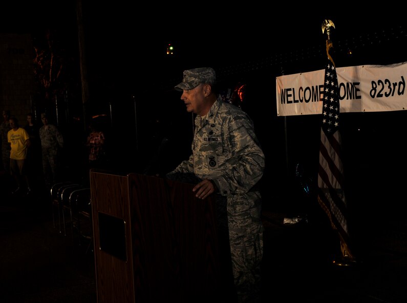 MOODY AIR FORCE BASE, Ga. -- Col. Donald Derry, 820th Security Forces Group commander, speaks to the crowd at the welcoming home ceremony for the 823rd Security Forces Squadron here June 2. The 823rd SFS Jesters were deployed to provide security and humanitarian aid to Haitians affected by the earthquake earlier this year. (U.S. Air Force photo by Staff Sgt. Schelli Jones/Released)