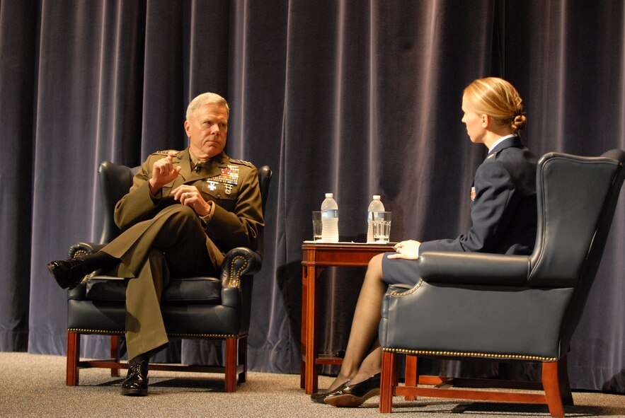 Marine Gen. James Amos, assistant commandant of the U.S. Marine Corps, participates in a student discussion and question session at Air Command and Staff College as part of the 2010 Gathering of Eagles program here June 2. (U.S. Air Force/Bennett Rock)