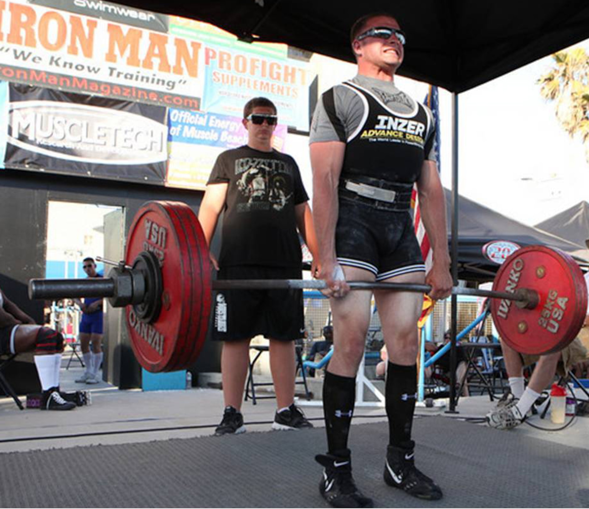 VANDENBERG AIR FORCE BASE, Calif. - Staff Sgt. Cole Whitney, a 30th Security Forces Squadron conservation officer, competes in the deadlift event at the 2010 United States Powerlifting Federation Military Nationals competition at Venice Beach Saturday, May 29, 2010.  Sergeant Whitney, who weighs 165 pounds, came in first place in both the Junior and Open Divisions. (Courtesy photo)