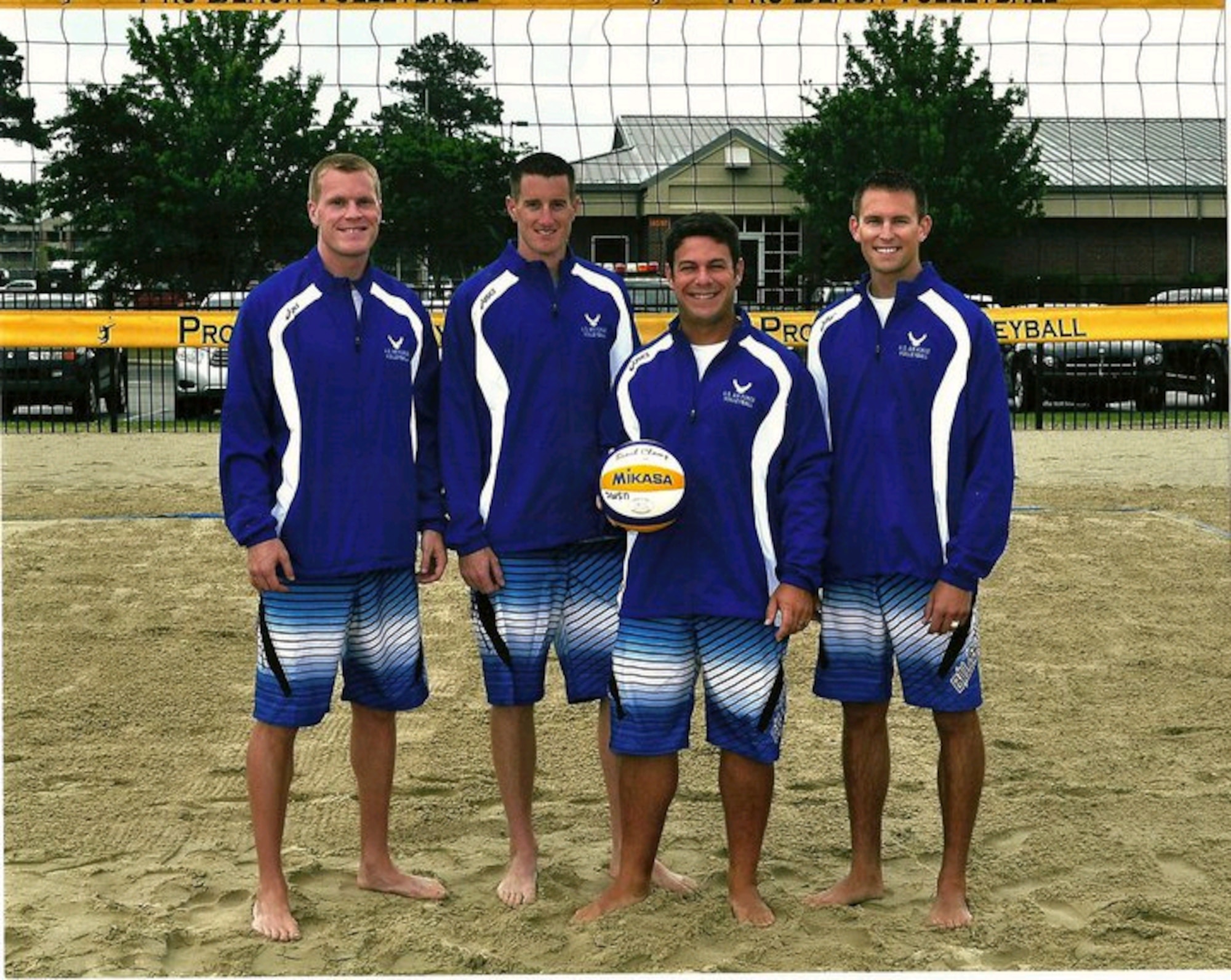From left to right,Tech. Sgt. Krooner (Hurlburt Field, Fla.), Tech. Sgt. Patrick McCarthy (Beale Air Force Base, Calif.), Tech. Sgt. David Dean (Duke Field, Fla.), and Senior Airman Thomas Read (Hurlburt Field, Fla.) represented the Air Force during the first Armed Forces Beach Volleyball Tournament May 3-11 at Marine Corps Air Station Cherry Point, N.C. During the tournament, the Air Force claimed gold and silver medals during the indoor and beach volleyball tournaments, respectively. (Courtesy photo)