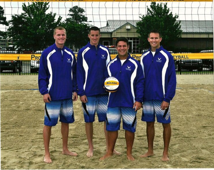 From left to right,Tech. Sgt. Krooner (Hurlburt Field, Fla.), Tech. Sgt. Patrick McCarthy (Beale Air Force Base, Calif.), Tech. Sgt. David Dean (Duke Field, Fla.), and Senior Airman Thomas Read (Hurlburt Field, Fla.) represented the Air Force during the first Armed Forces Beach Volleyball Tournament May 3-11 at Marine Corps Air Station Cherry Point, N.C. During the tournament, the Air Force claimed gold and silver medals during the indoor and beach volleyball tournaments, respectively. (Courtesy photo)