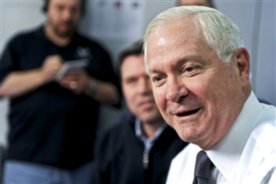 U.S. Defense Secretary Robert M. Gates talks to reporters while en route to Singapore, June 3, 2010, to participate in an Asia summit as part of a five-nation trip to emphasize the importance the United States places on its role in Asia and to thank nations that have been contributing to the efforts in Pakistan and Afghanistan. The event is the 9th International Institute for Strategic Studies Security Summit known as the Shangri-La Dialogue. 