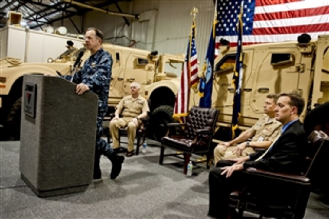 U.S. Navy Adm. Mike Mullen, chairman of the Joint Chiefs of Staff, addresses audience members at a ceremony celebrating the completion of the 25,000th mine-resistant, ambush-protected vehicle in Charleston, S.C., June 3, 2010.