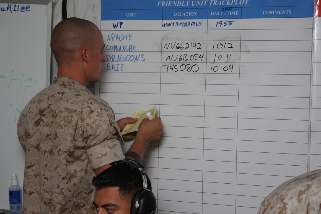 Lance Cpl. Dave Harbeson, a light armored vehicle crewman, updates a board of significant events June 4 in the combat operations center at the battalion’s LAV ramp. The board was constantly updated throughout the day, marking all operational events including improvised explosive device attacks, enemy contact, simulated casualty updates and more.::r::::n::