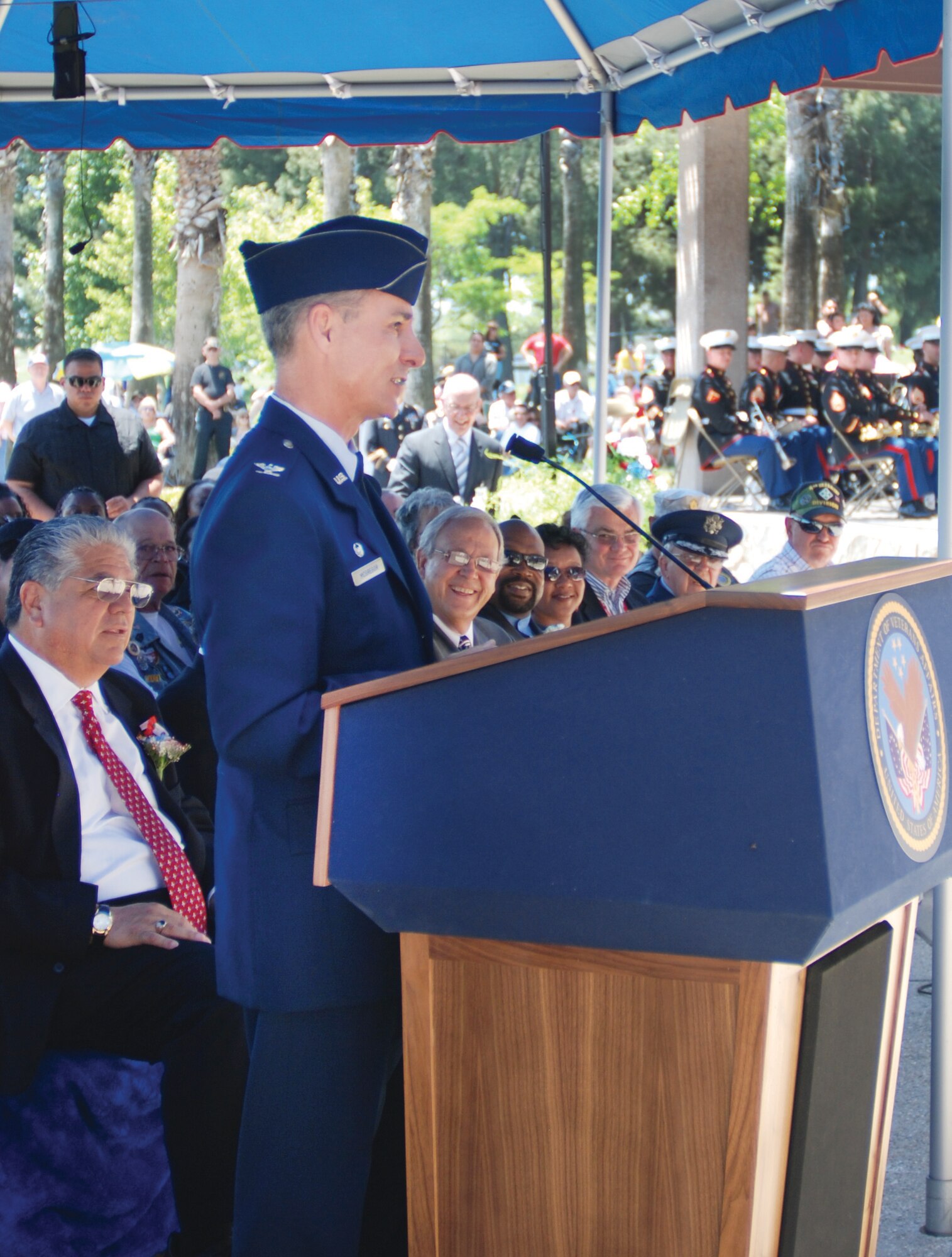 Col. Karl McGregor, 452nd Air Mobility Wing commander, addresses the audience at the 31st Annual Memorial Day Ceremony at Riverside National Cemetery. (U.S. Air Force photo by Megan Just)