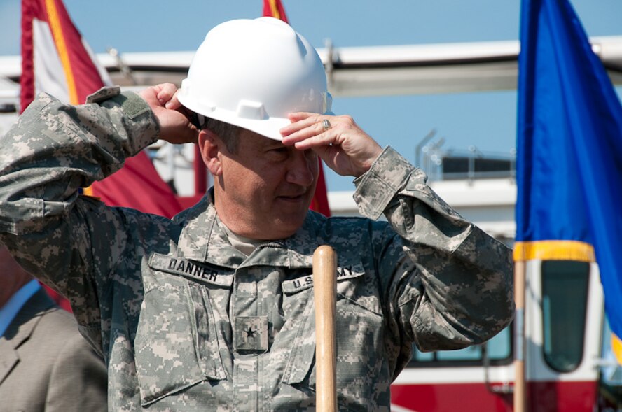 Mo. Adjutant General, Brig. Gen. Stephen Danner,  and other Missouri community leaders come together to break ground at the new 139th Airlift Wing, Fire Department building site June 4, 2010. (U.S. Air Force photo by Master Sgt. Shannon Bond) (RELEASED)