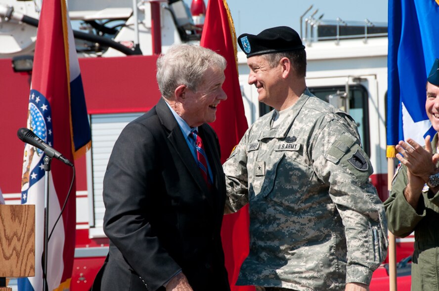 Senator Kit Bond speaks to members of the 139th Airlift Wing and Missouri community leaders at the ground breaking ceremony for the new 139th Fire Department building, June 4, 2010. (U.S. Air Force photo by Master Sgt. Shannon Bond) (RELEASED)