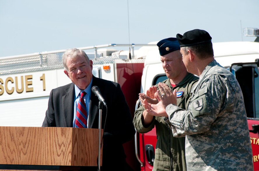 Senator Kit Bond speaks to members of the 139th Airlift Wing and Missouri community leaders at the ground breaking ceremony for the new 139th Fire Department building, June 4, 2010. (U.S. Air Force photo by Master Sgt. Shannon Bond) (RELEASED)